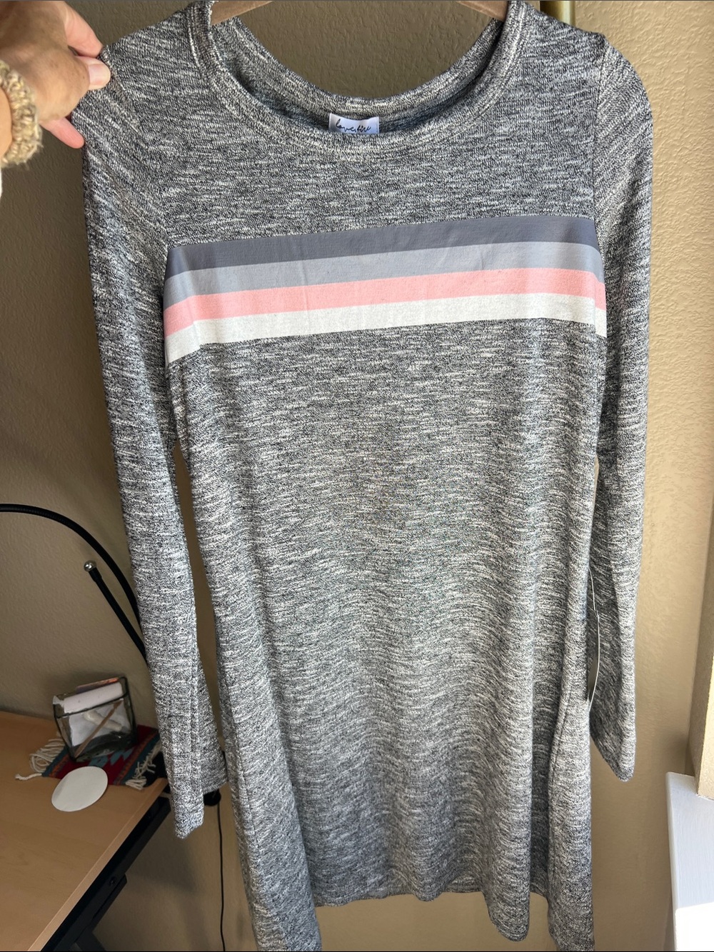 love, Fire Gray Marled Crewneck Sweater Dress with Pink and White Stripe